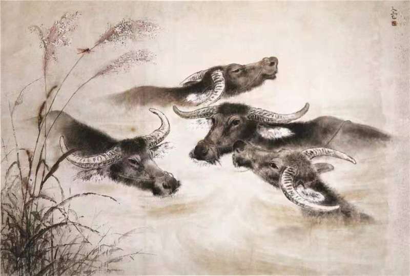 这件作品的构图跟传统中国画的牛是不同的,古画中的牛常常会画得很