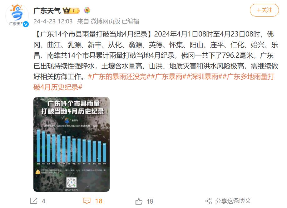 广东多地雨量打破4月历史纪录 中山暴雨仍将继续