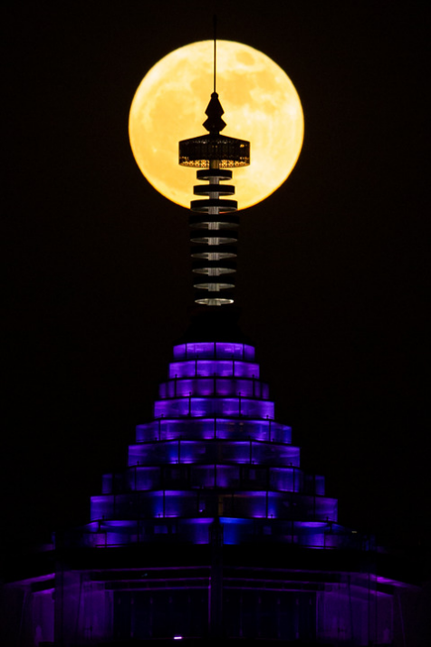 2022年6月14日,江苏南京大报恩塔与“超级月亮”相映成景。新华社发(苏阳 摄)